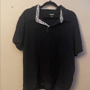 ECHT Black Short-Sleeve Polo with Patterned Inner Collar
